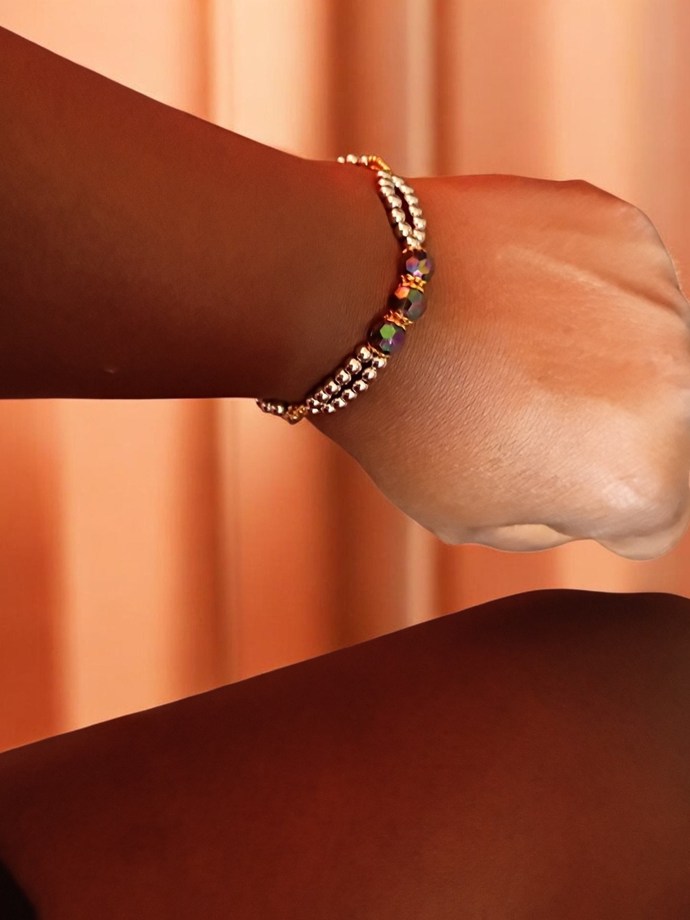 Gold Beaded Bracelet with Multicolor Iridescent Accent Stones